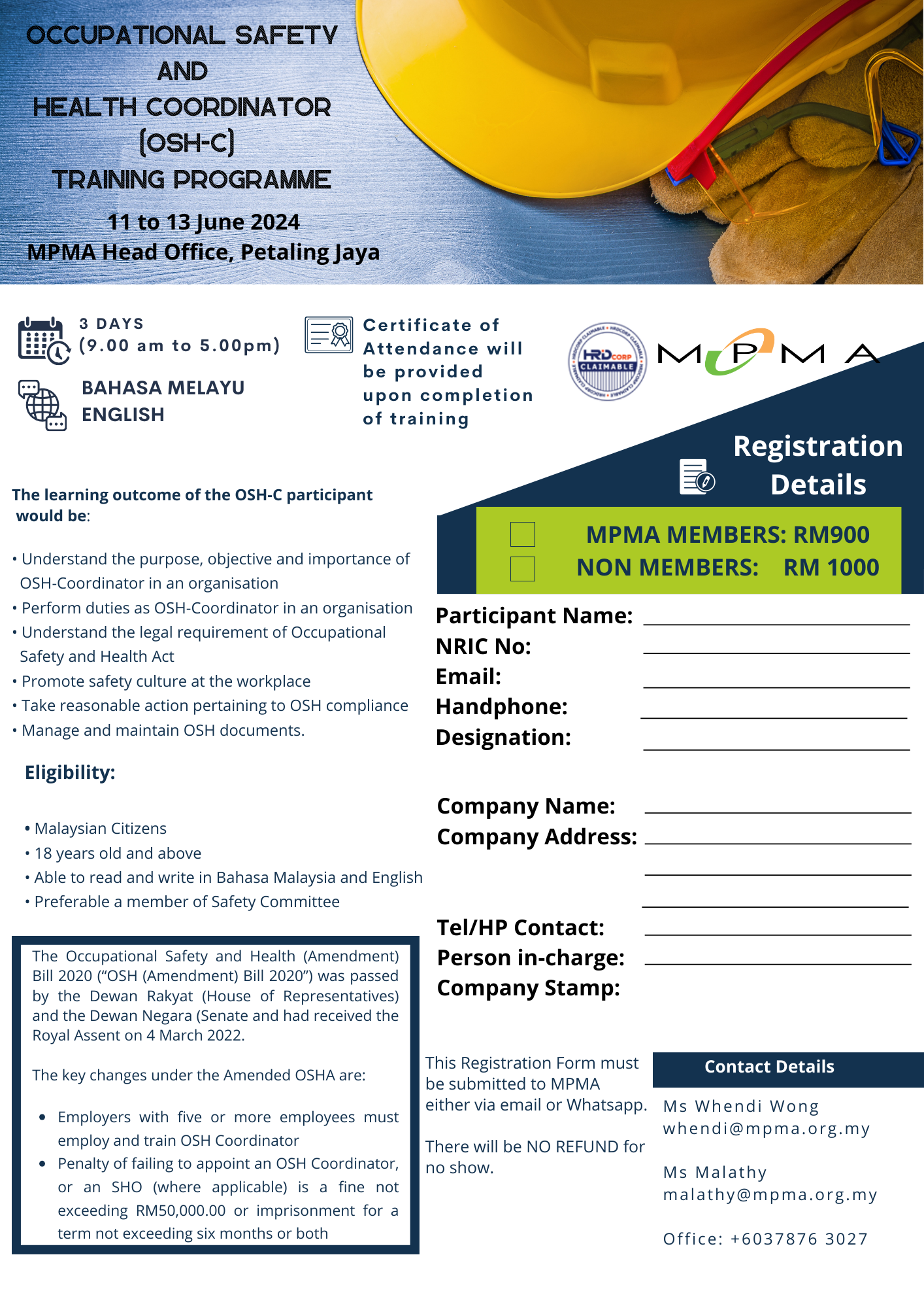 OCCUPATIONAL SAFETY AND HEALTH COORDINATOR (OSH-C) TRAINING PROGRAMME